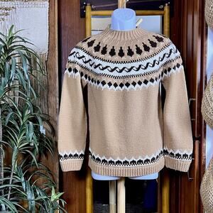 Vintage Hand Knit Nordic Sweater Mens S Tan Brown Fair Isle Side Zip Mock Neck